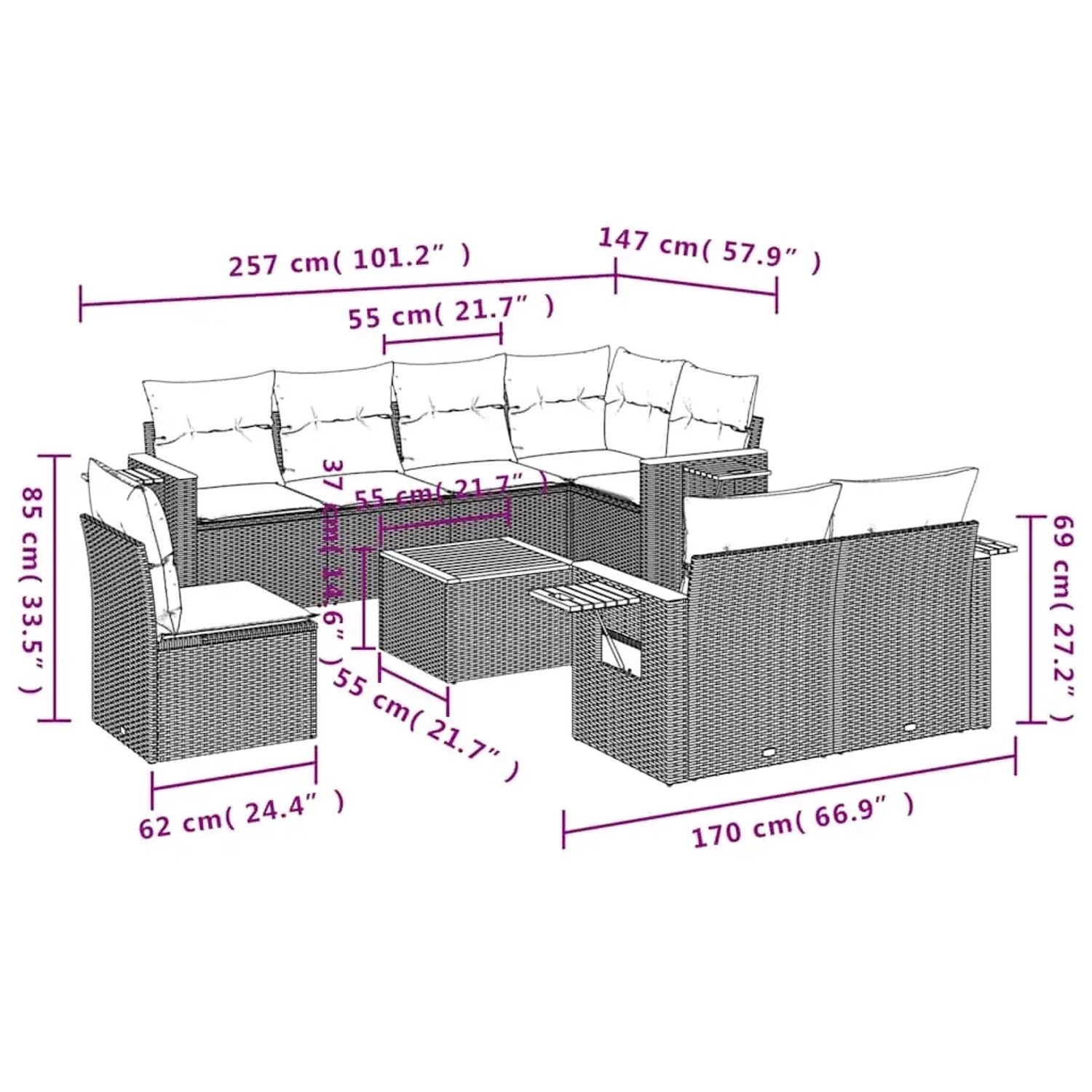 vidaXL 9-tlg. Garten-Sofagarnitur grau Poly Rattan mit Maßen, bestehend aus Sofa, Sesseln und Tisch.