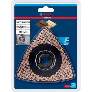 Bosch Expert Schleifplatte MAVZ116 RT10, Ø 116mm, für Multifunktionswerkzeuge. Dreieckige Form mit Schleifpapier.