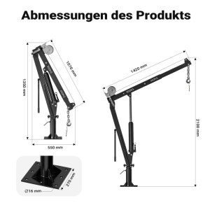 Wiltec Pickup Kran: Technische Zeichnung mit Maßen, 900kg Traglast, Seilwinde und Bodenmontage.