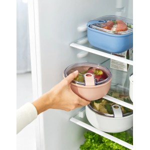 Rosa Rotho Frischhaltedose Ela Rund (0,75 l) im Kühlschrank.