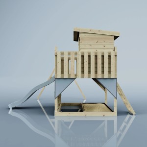 PolarPlay Spielturm Nils mit Rutsche, Schaukel und Spielhaus aus unbehandeltem Holz.