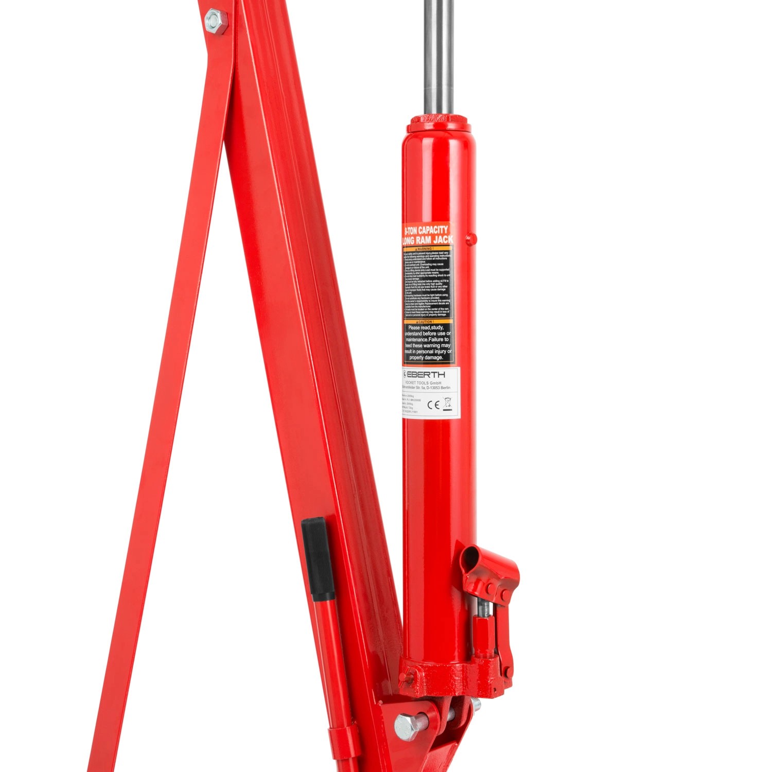 Detailaufnahme: Roter EBERTH Motorkran mit Hydraulikzylinder, ideal für Werkstatt und Montage.