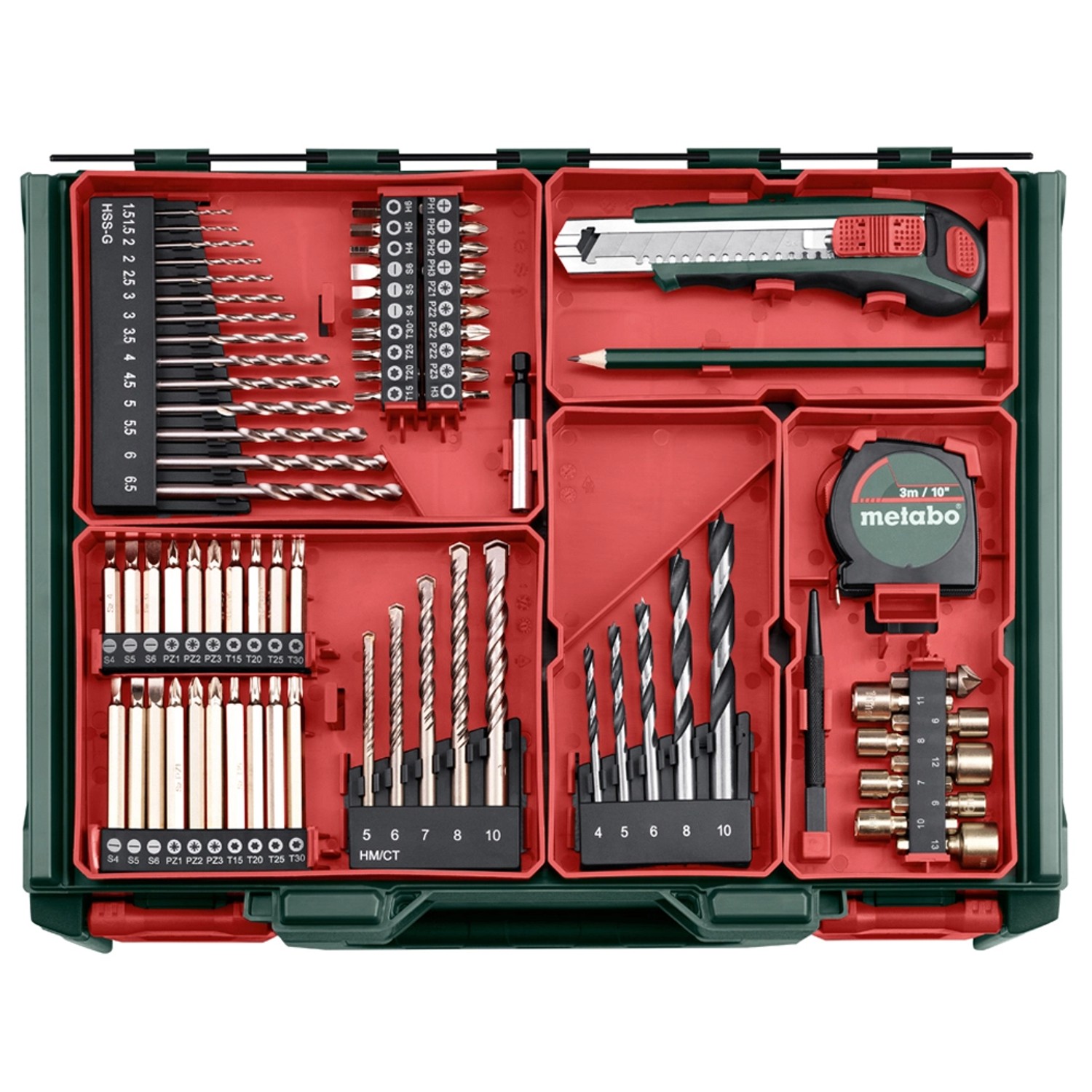 Metabo Akku-Schlagbohrmaschine SB 18 L Set mit 78-teiligem Zubehör im Werkzeugkoffer.