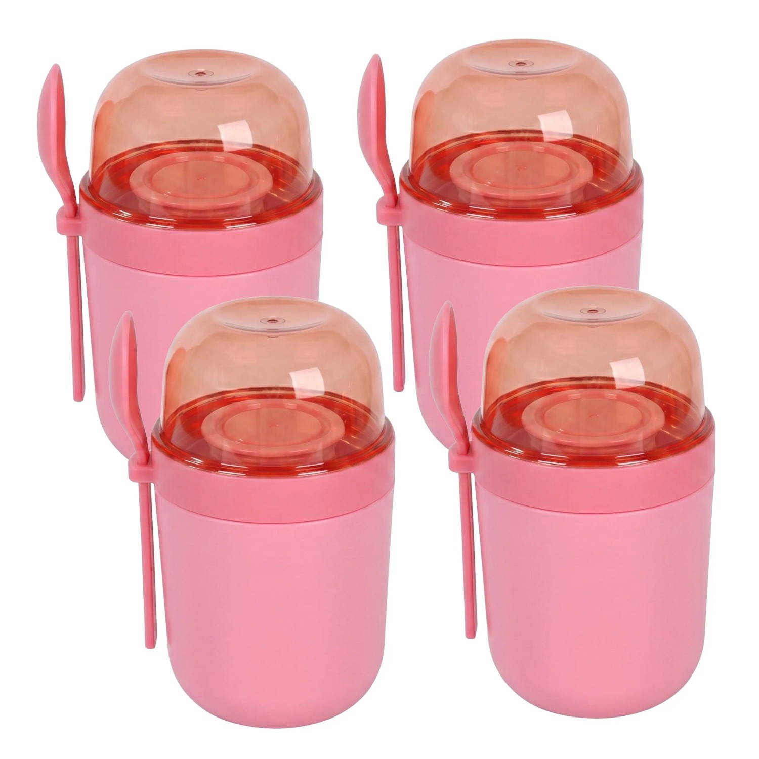 Relaxdays Müslibecher Kunststoff Pink Auslaufsicher mit Löffel 4er Set 16 cm x 11 cm x 9,5 cm