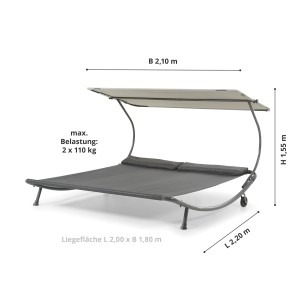 Leco Doppelliege Stella lichtgrau mit Sonnendach und Kopfkissen, Maße eingezeichnet.