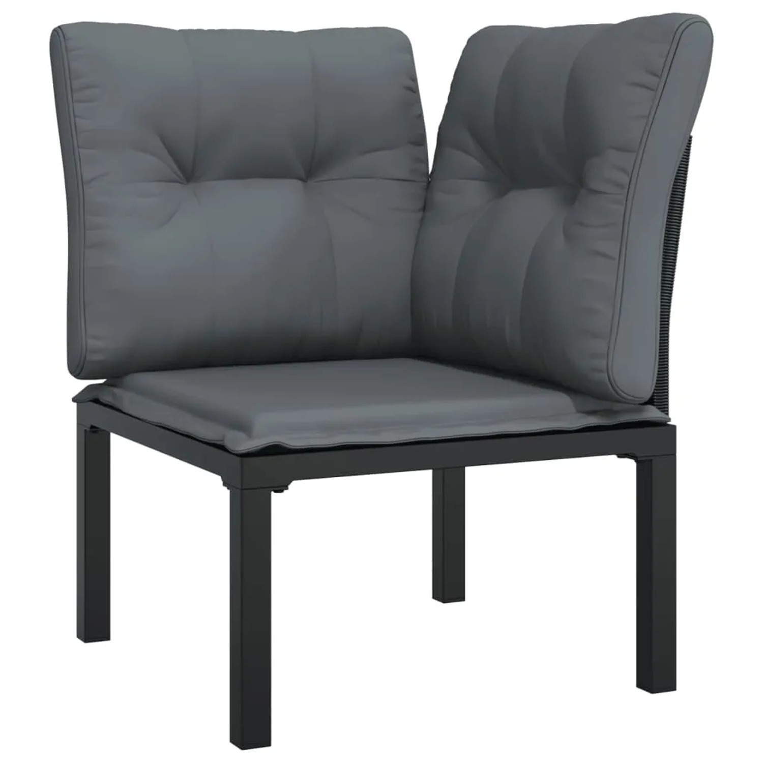 Schwarzer vidaXL Garten Eckstuhl mit grauen Polstern aus Rattan für Lounge Sets.