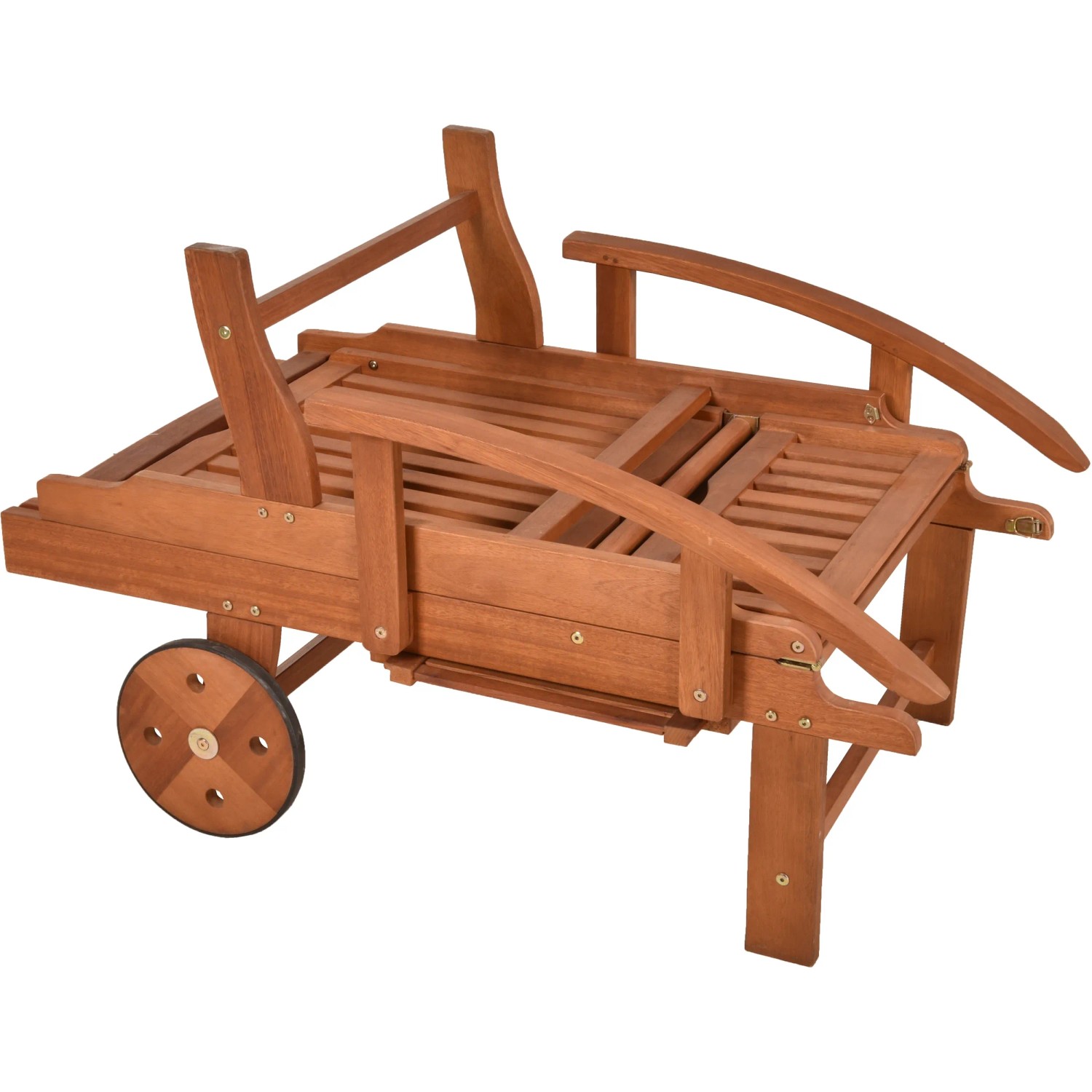 Zusammengeklappte, braune Sonnenliege Beverly Hills aus Holz mit Rollen.