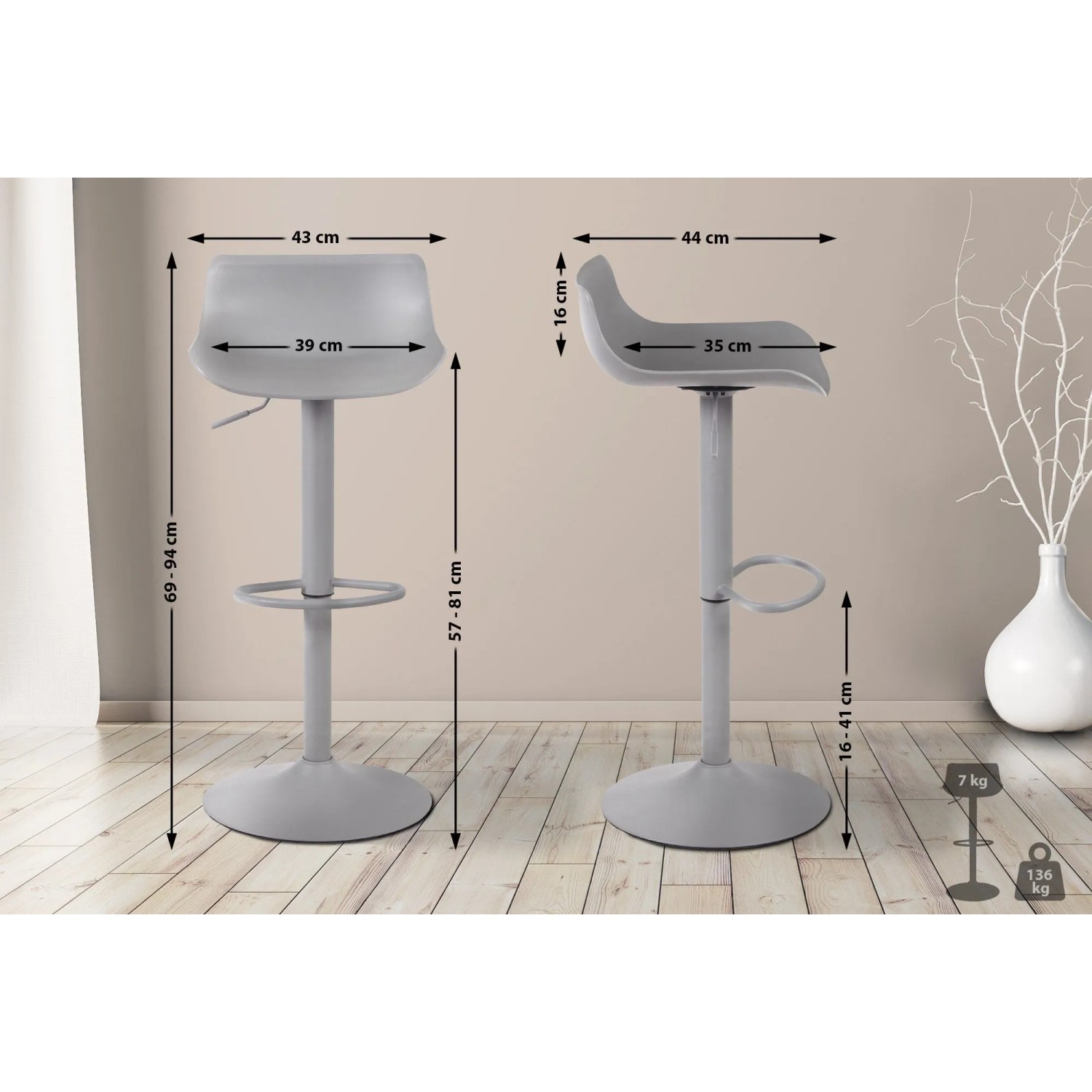 Grauer CLP Barhocker Aveiro aus Kunststoff, drehbar & höhenverstellbar. Moderner Hocker mit Fußstütze für Küche & Bar.