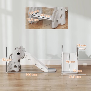 Graue AIYAPLAY Kinderrutsche mit Basketballkorb und Maßangaben.