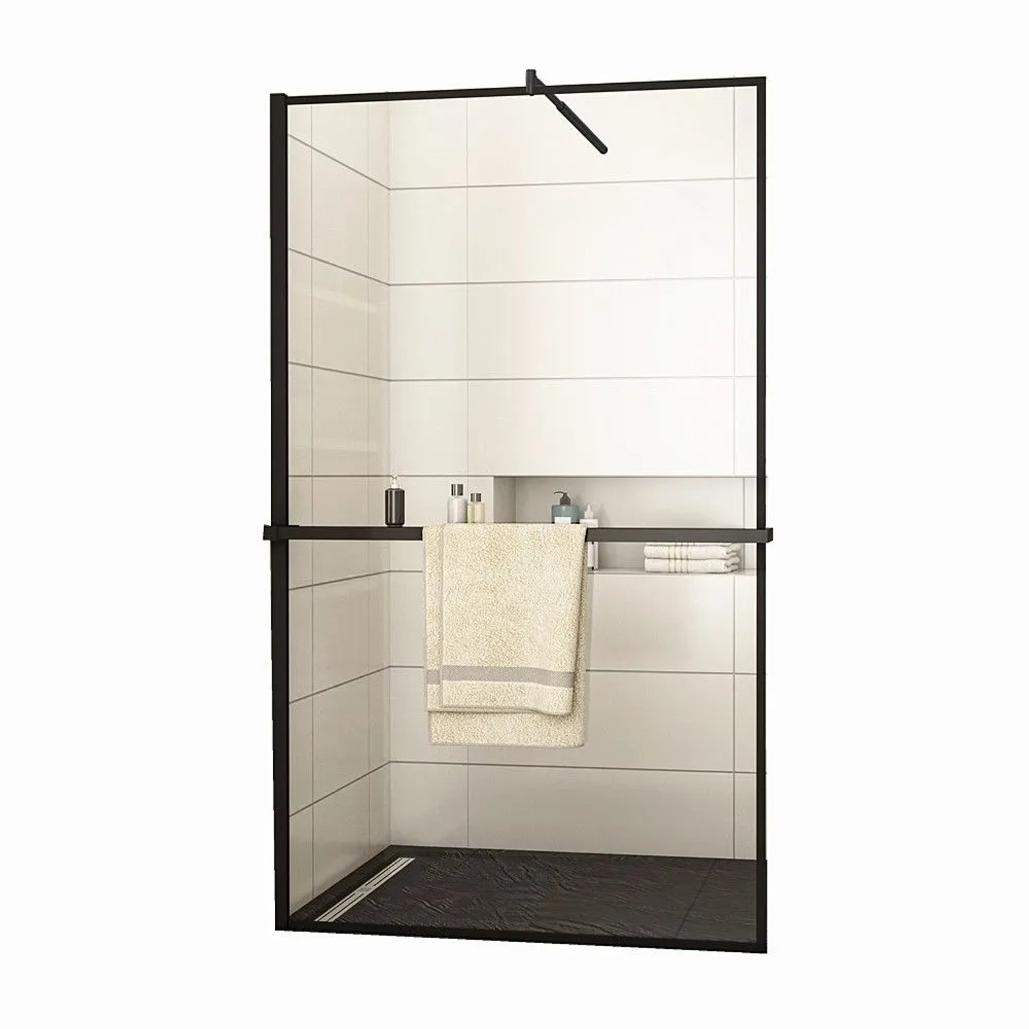 Duschparadies 100 x200cm Walkin Duschwand 8mm NANO Glas Dusche Schwarzem Rand Duschtrennwand Duschabtrennung Mit Duschregal Mit 120cm Stabilisator