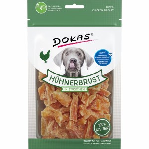 Dokas Hühnerbrust-Stückchen, 70g, Hunde-Belohnungssnack im wiederverschließbaren Beutel.