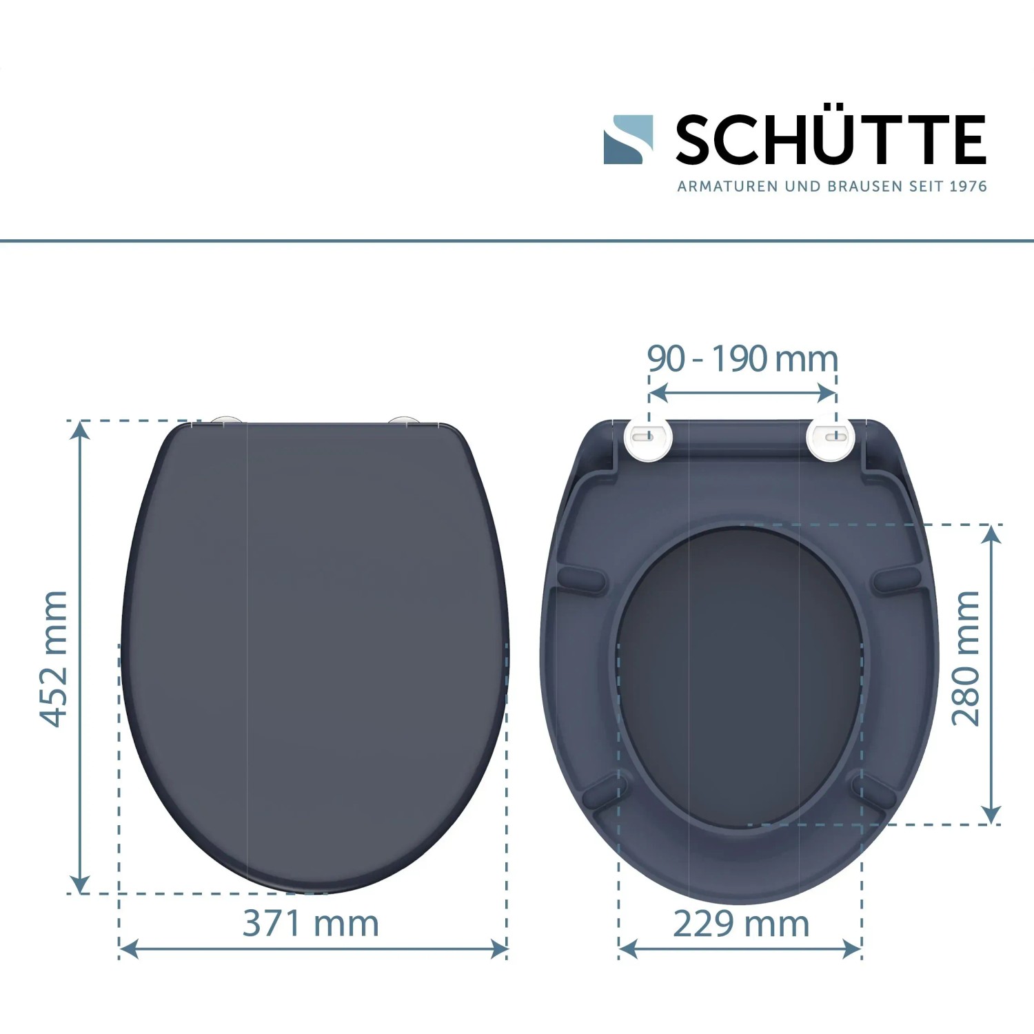 Schütte WC-Sitz Anthrazit Duroplast mit Maßen für Montage und Übersicht.