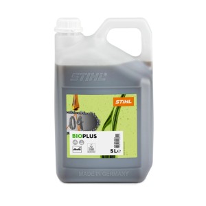 Stihl Sägekettenhaftöl BioPlus 5 l Kanister. Grauer Behälter mit orange-grünem Etikett für Kettensägen.