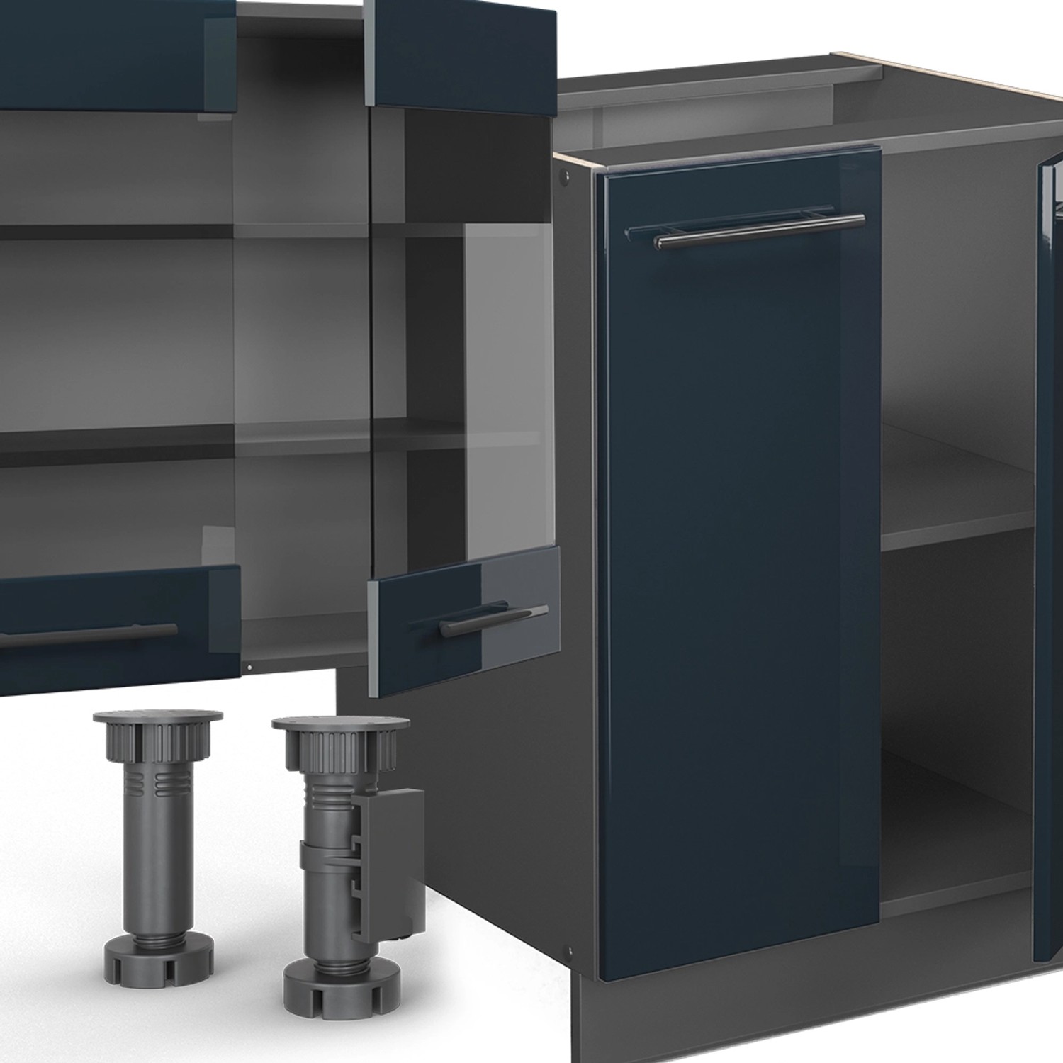 Vicco Fame-Line Küchenschränke in Dunkelblau Hochglanz/Anthrazit, 300 cm Küchenzeile.