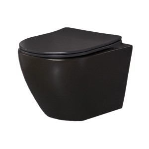 Schwarzes KOLMAN Wand-WC mit Soft-Close Duroplast-Sitz. Randlose Keramik für moderne Toiletten im Komplettset.