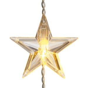 Detailaufnahme: LED-Stern einer transparenten Lichterkette mit warmweißem Licht für den Außenbereich.