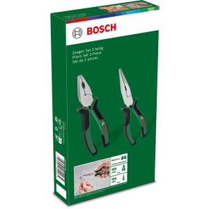 Bosch Zangen Set, 2-teilig im grünen Karton mit Kombi- und Flachzange.