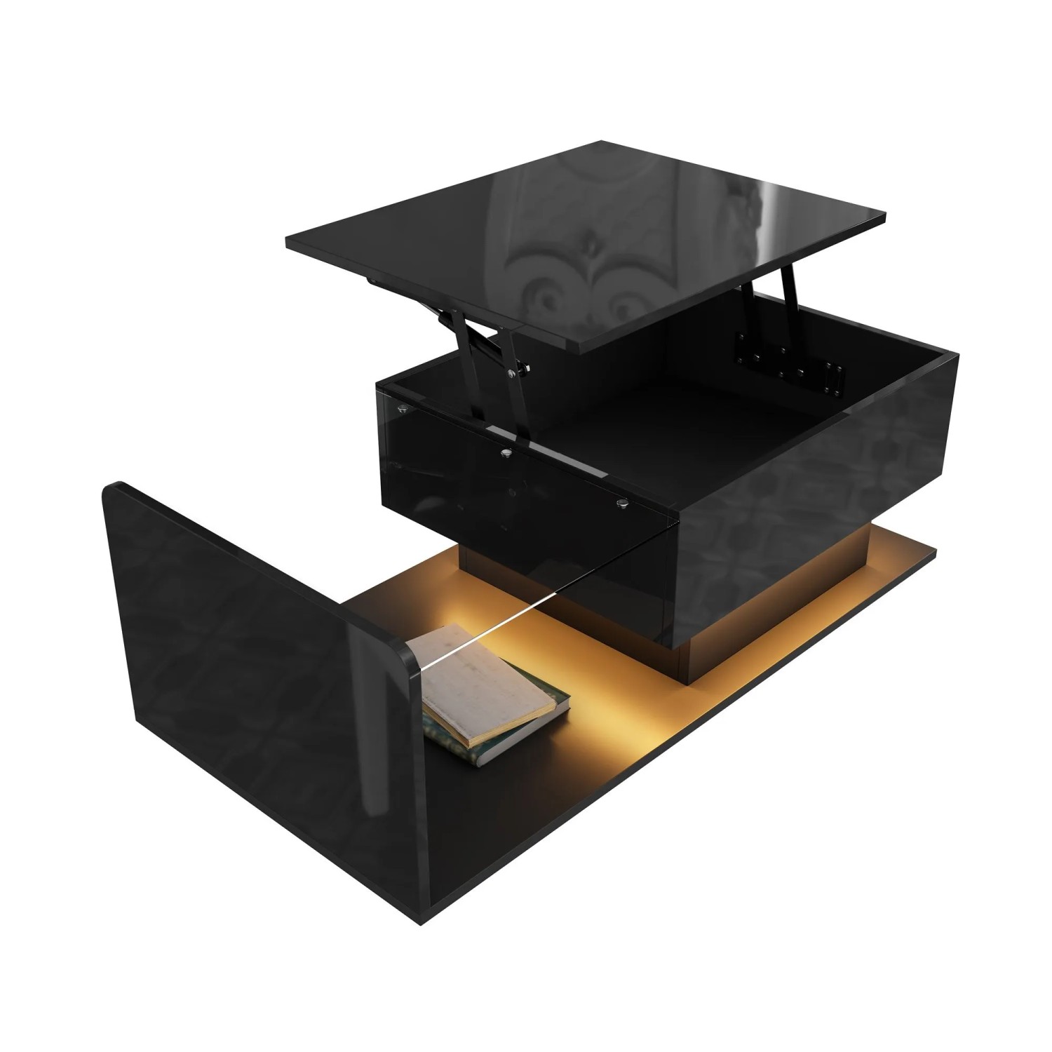 Couchtisch Hochglanz 100x50 cm LED Beistelltisch mit Glasplatte Hebefunktion und Stauraum Schwarz
