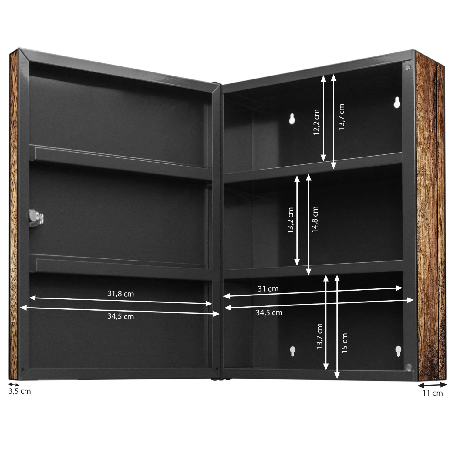 Offener Banjado XXL Medizinschrank (35x46x15cm) in Anthrazit mit Holzmotiv und Metallkorpus.