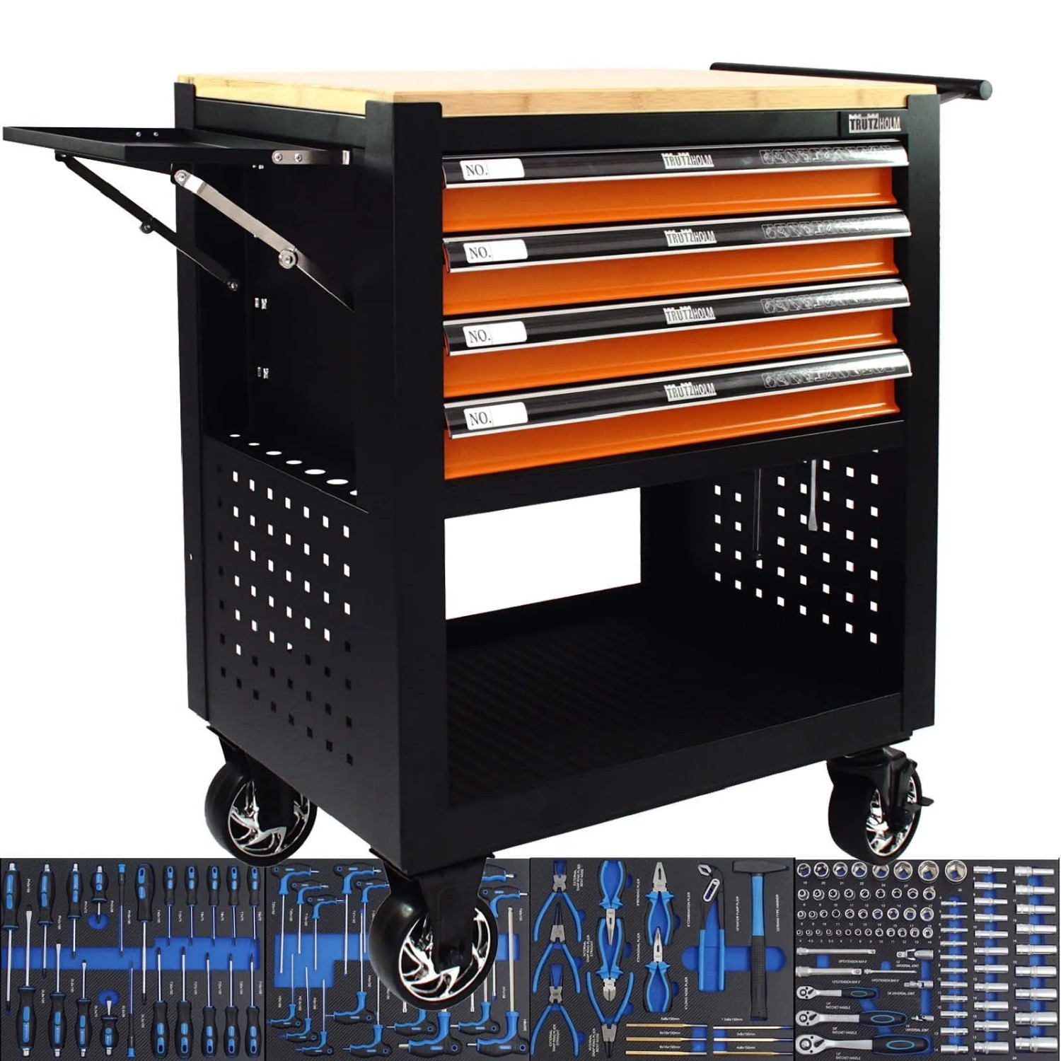 TRUTZHOLM Werkstattwagen 4 Schubladen Bestückt Massivholzplatte Orange