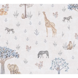 A.S. Creation Vliestapete mit Tiermotiven in Beige und Blau für Kinderzimmer.