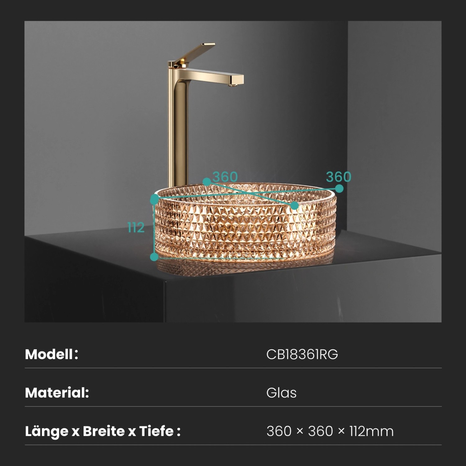 Rundes Aufsatzwaschbecken aus roségoldenem Glas, 36x36x11,2 cm, mit Armatur. Elegantes Design für Ihr Badezimmer.