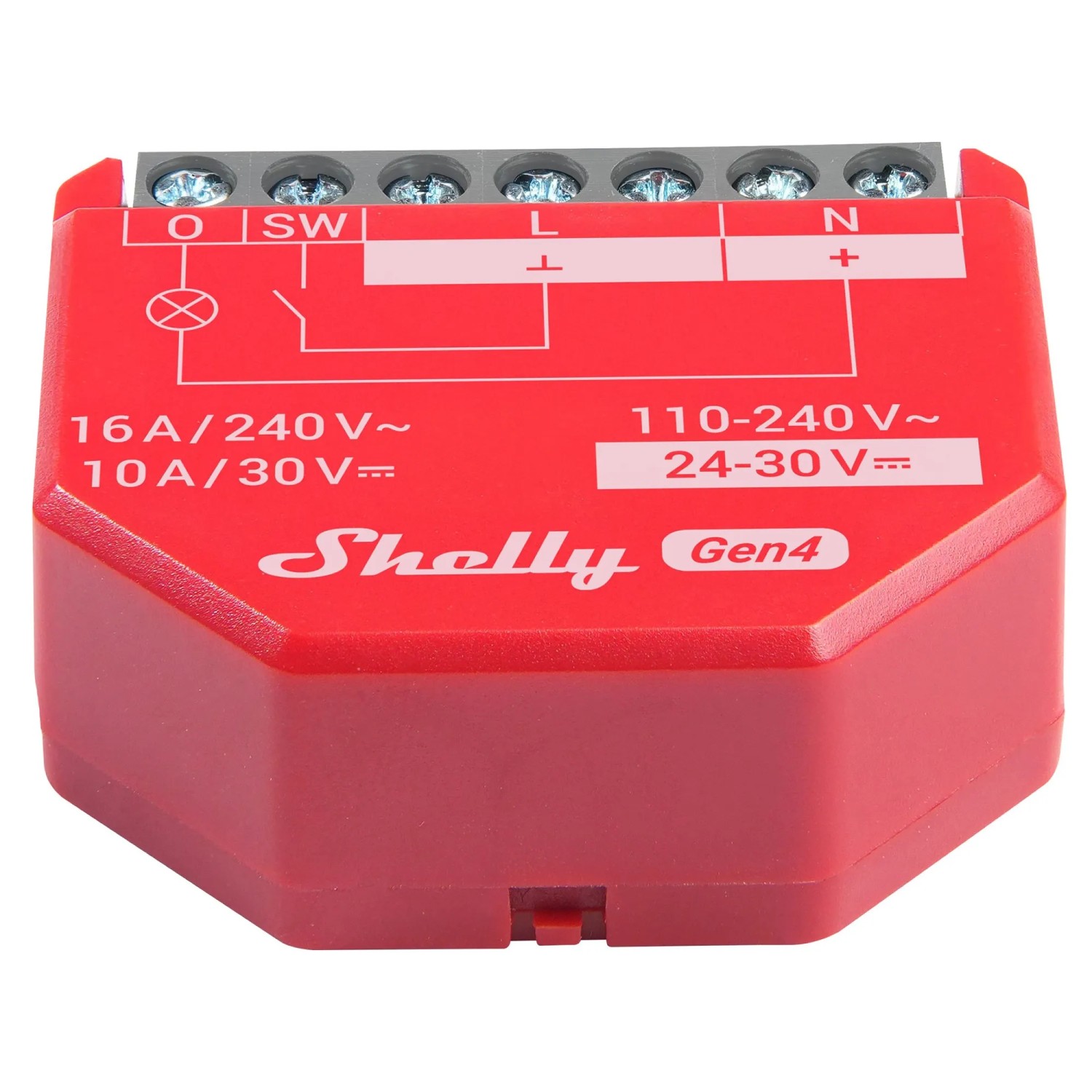 Rotes Shelly Smart-Relais 1PM Gen4 für die Hausautomation, Detailansicht der Anschlüsse.
