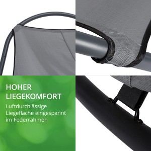 Detailansicht Leco Schaukelliege Eni Grau: Atmungsaktives Textilgewebe und Stahlrohrgestell.