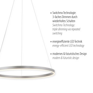 Moderne Just Light Pendelleuchte Ritus, Aluminium, Ø 60 cm, mit warmweißem Licht und 3-Stufen-Dimmer.