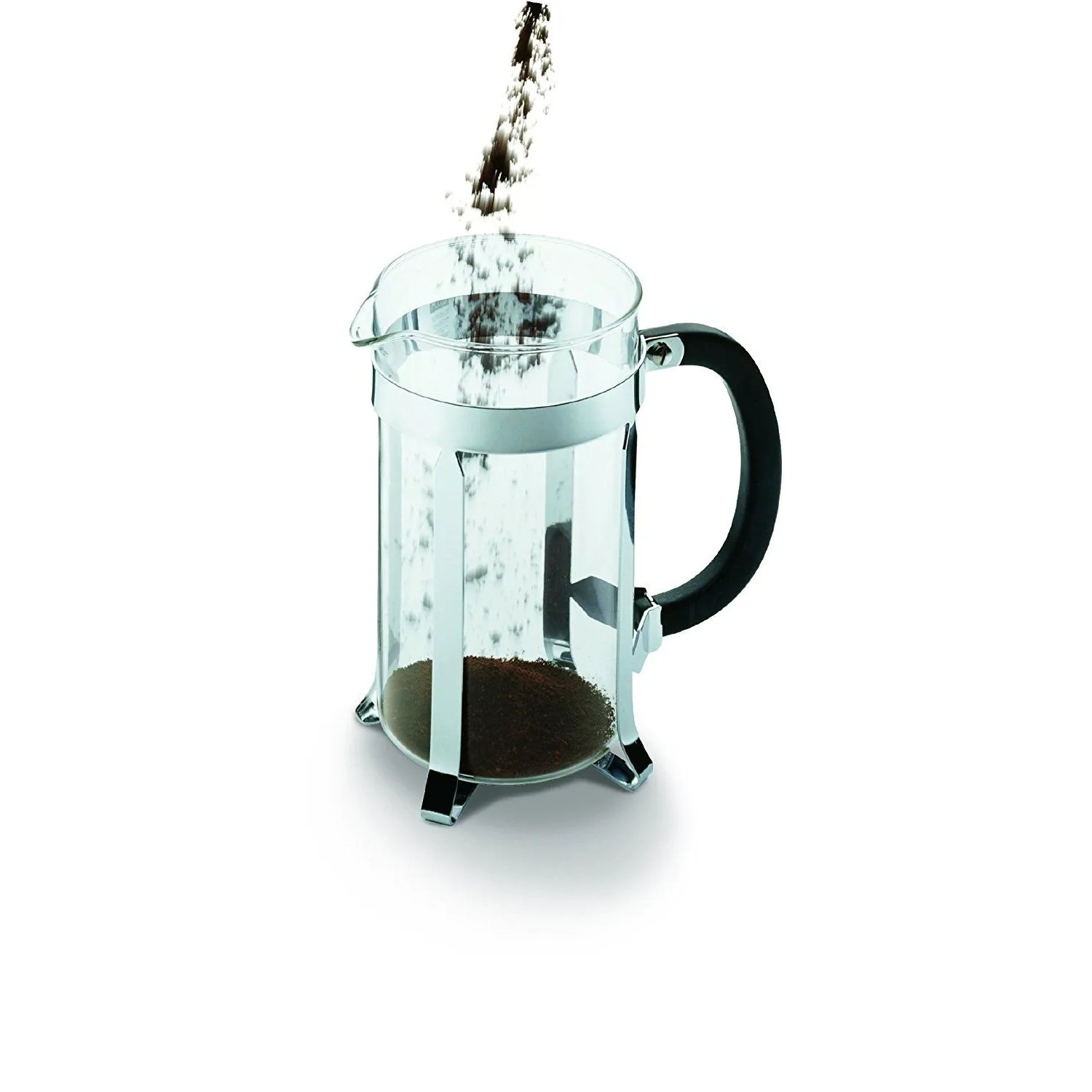 Bodum Caffettiera French Press Kaffeebereiter aus Glas mit Chromrahmen, Kaffeepulver wird eingefüllt. 0,35l.