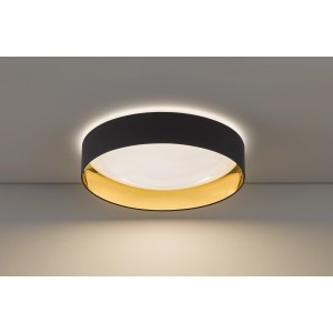 LED-Deckenleuchte Sete von Fischer & Honsel, schwarz-goldener Stoffschirm, runde Form.