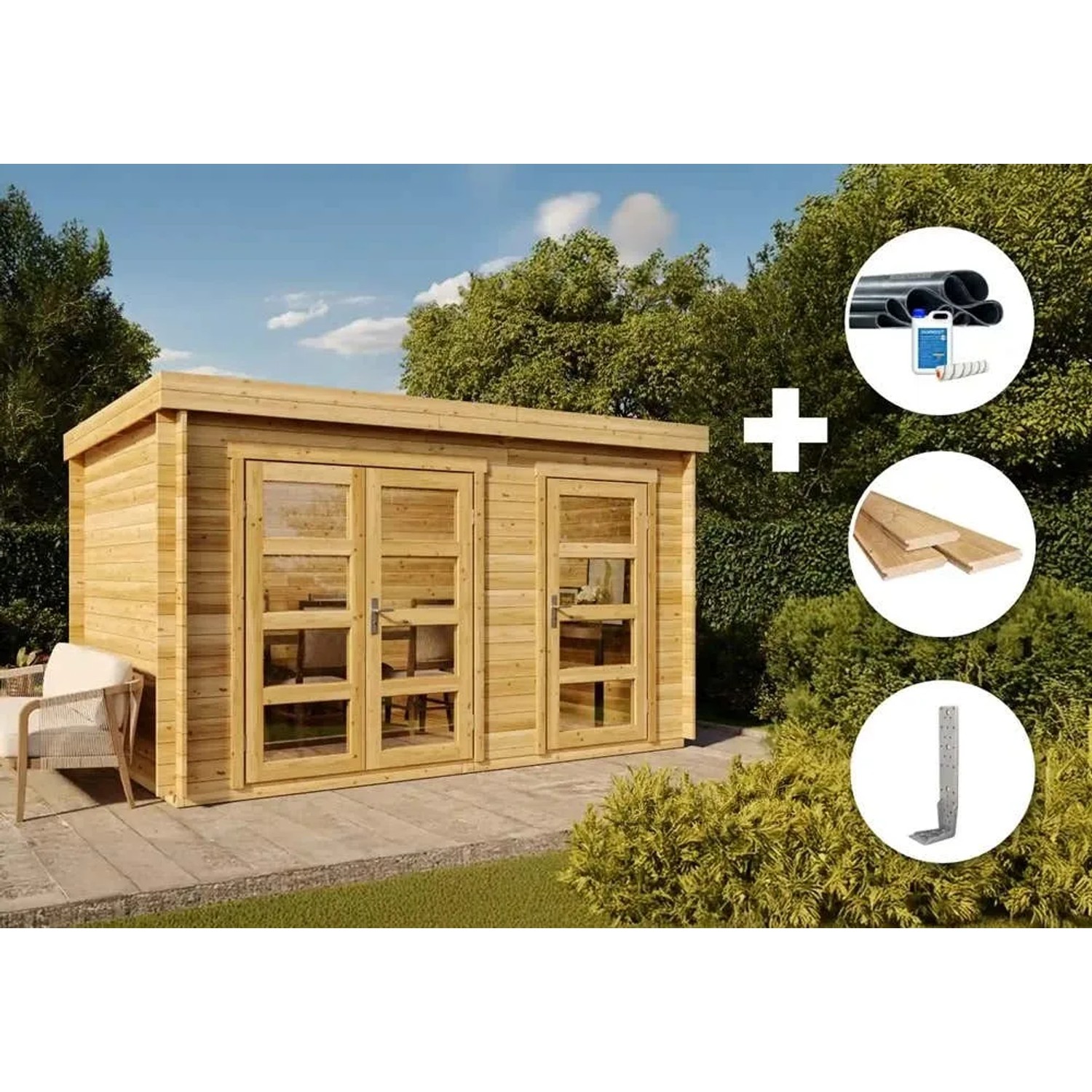 Alpholz Gartenhaus Set Paloma Grande naturbelassen mit Dacheindeckung und Fußboden.