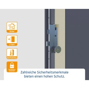 EcoStar Haustür: Mehrfachverriegelung, Profilzylinder, RC 2 Sicherheit. Icons zeigen 3-fach Verriegelung & Notfunktion.
