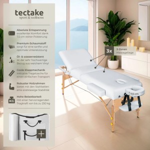 Tectake 3 Zonen Massageliege Somwang Breite 70 cm  Polsterung 7 5 cm Inklusive Tragetasche  218 x 102 x 90 cm Weiß