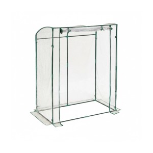 Begehbares Tomatengewächshaus mit transparenter PVC-Folie und grünem Gestell, aufrollbare Tür für Pflanzenanzucht.