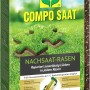 Compo Saat Rasen-Nachsaat 1kg Packung zur Rasenreparatur. Grüne Puzzleteile auf Rasenfläche.