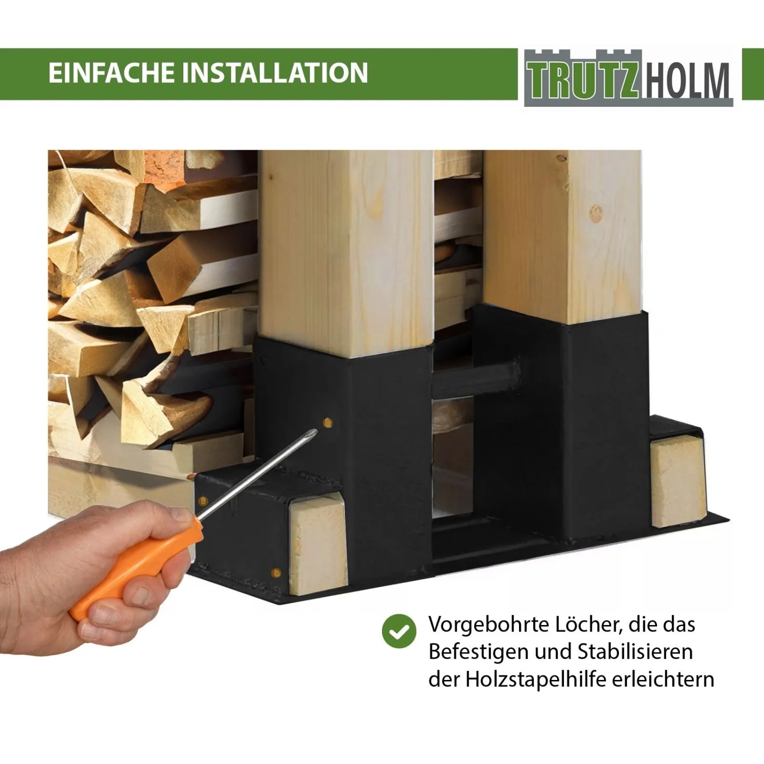 TRUTZHOLM Holzstapelhilfe 2er Set, Stahl schwarz, mit Holzscheiten und Schraubendreher.
