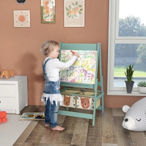 AIYAPLAY Kindertafel 3 in 1 mit Whiteboard, Kreidetafel und Aufbewahrungskörben. Kind malt.