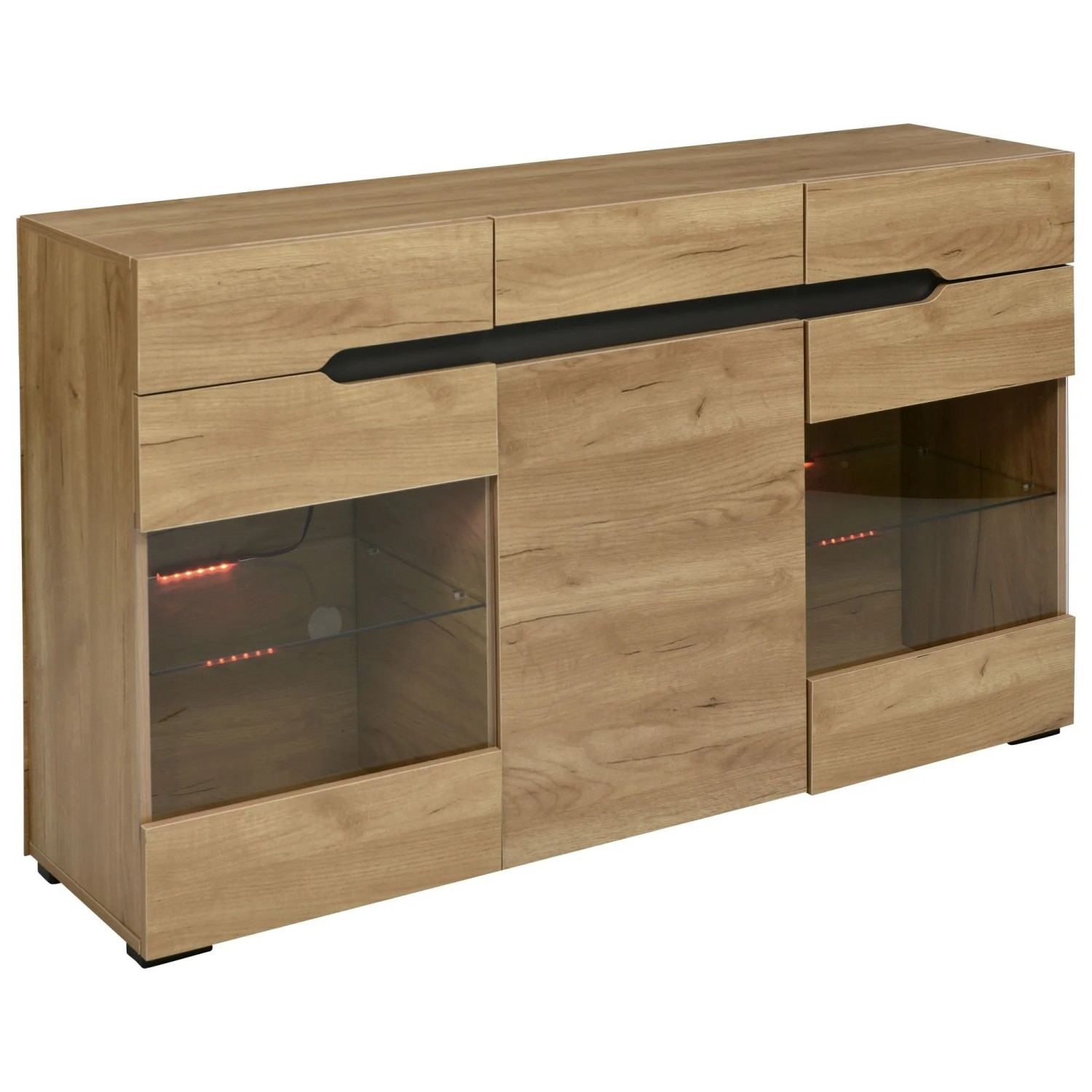 okwish Sideboard Schrank mit LED Beleuchtung Viel Stauraum Wohnzimmer 140x35x80cm Natur