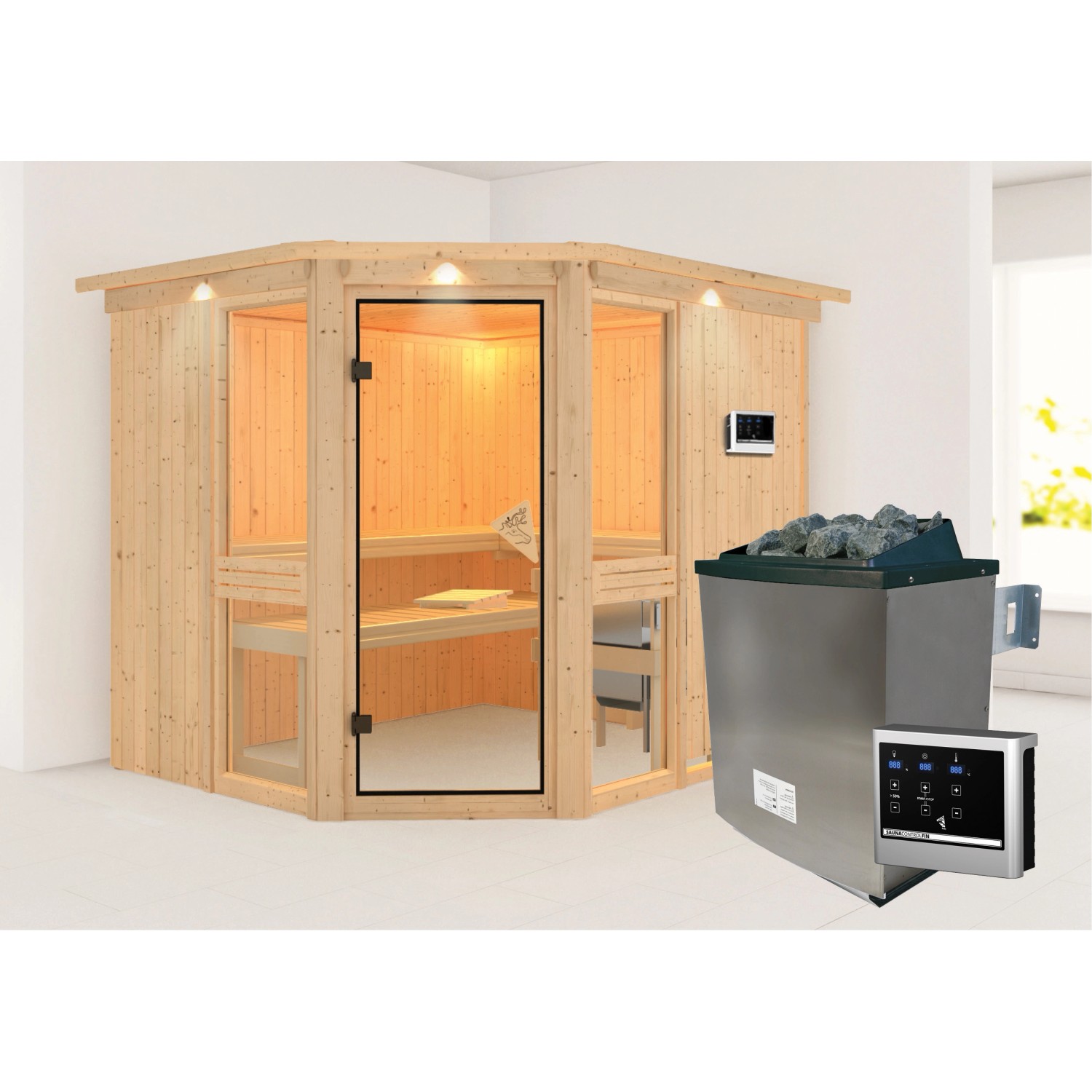 Karibu Sauna Anina 3 Edelstahlmit Ofen externe Stg.Dach Natur