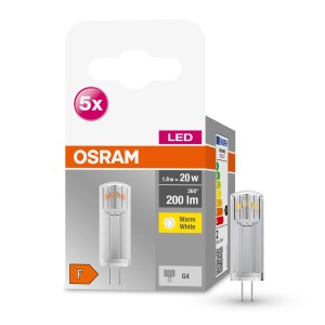 Osram LED G4 Leuchtmittel, 5er Set, 1,8W, warmweiß, 200lm, 3,6x1,3cm.