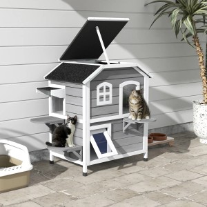 PawHut Katzenhaus mit Treppen, 2 Etagen, grau-weiß, mit zwei Katzen.