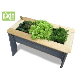 EXIT Aksent Hochbeet L aus Holz mit Salat, Kräutern und Erdbeeren bepflanzt.
