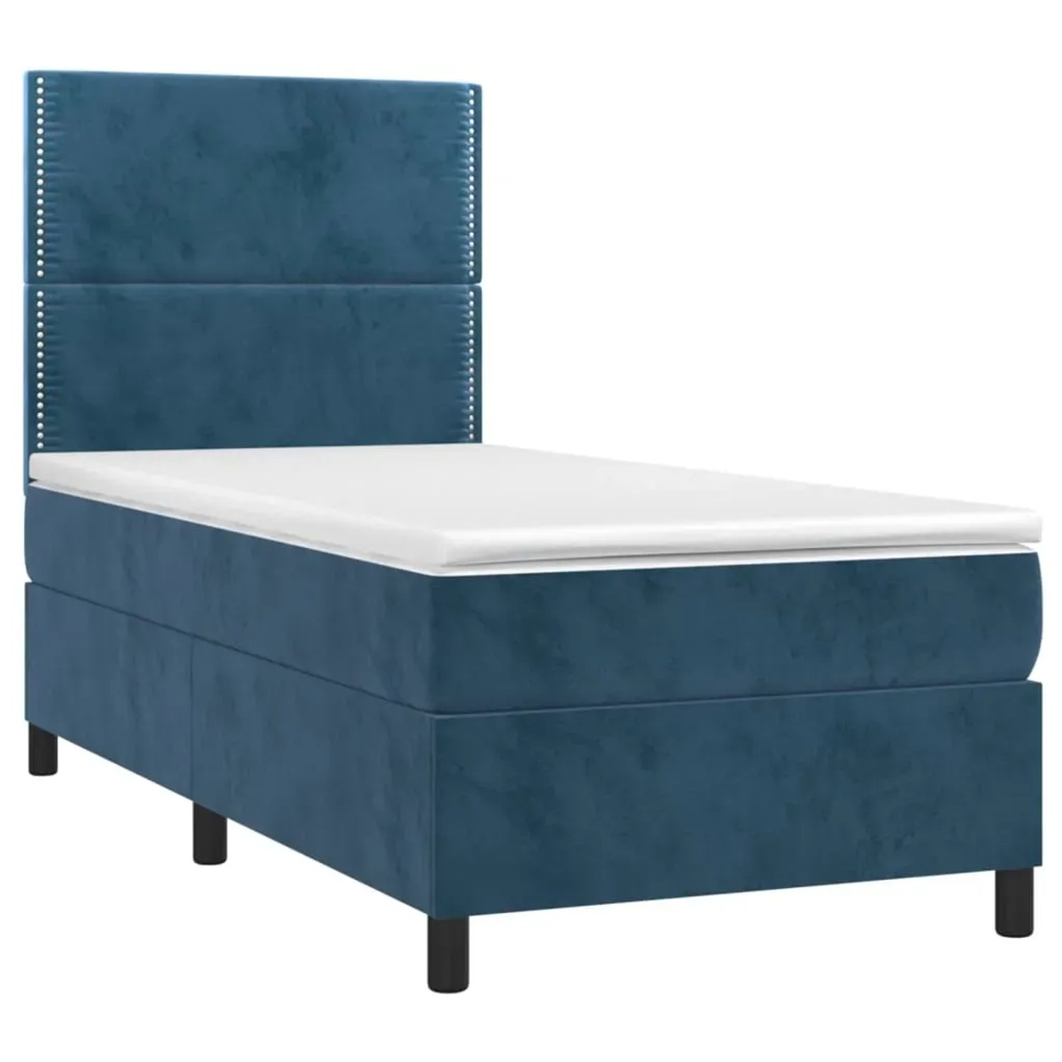 Dunkelblaues Boxspringbett 100x200 cm mit Samtbezug, Matratze und Kopfteil.