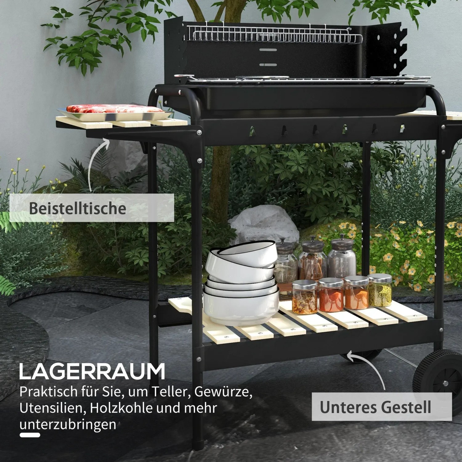 Outsunny Holzkohlegrill mit Ablagen und verstellbarem Grillrost. Ideal für Grillabende.