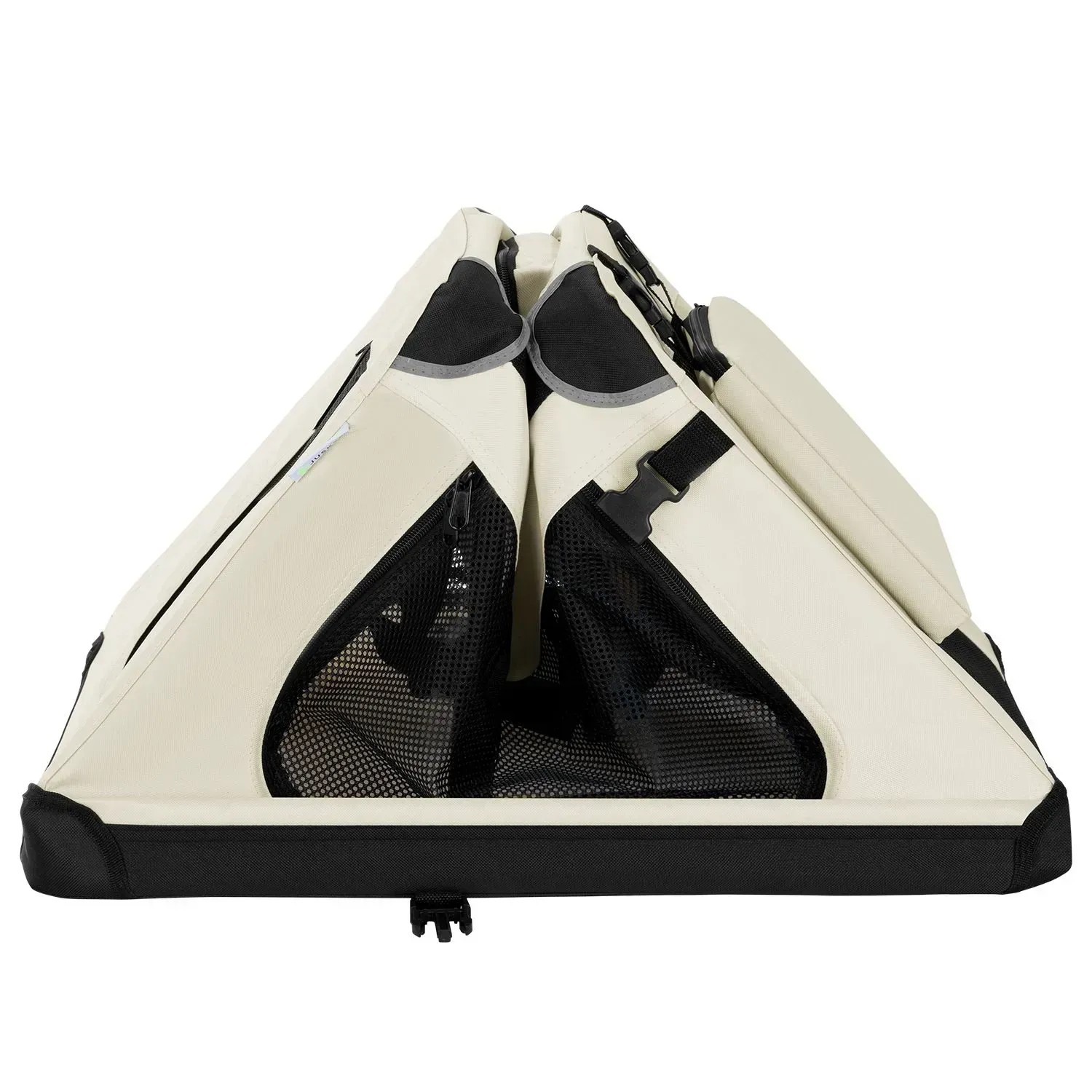 Beige Juskys Hundetransportbox Lassie M, faltbar mit Netzfenstern und Tragegurt.