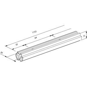 Technische Zeichnung der schwarzen Camar Prisma Kabelschiene aus Kunststoff, 1152 mm lang, zur Kabelorganisation unter Tischen.