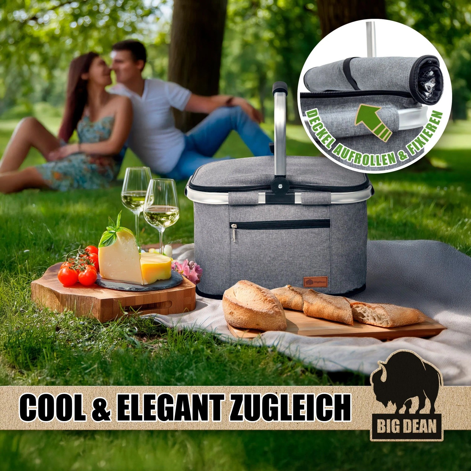 BigDean Kühlkorb 22L, grau, mit Tragegriff und Reißverschlusstasche. Picknick-Szene im Hintergrund.
