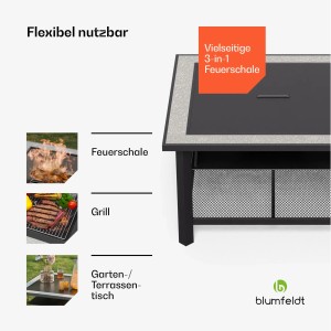 Blumfeldt Merano Avanzato 3-in-1 Feuerschale/Grill/Tisch, steingrau, mit Ablage.