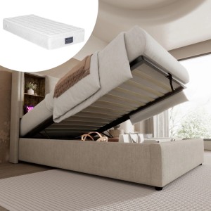 Merax Polsterbett 90x200cm USB-C Stauraum Natur Leinen